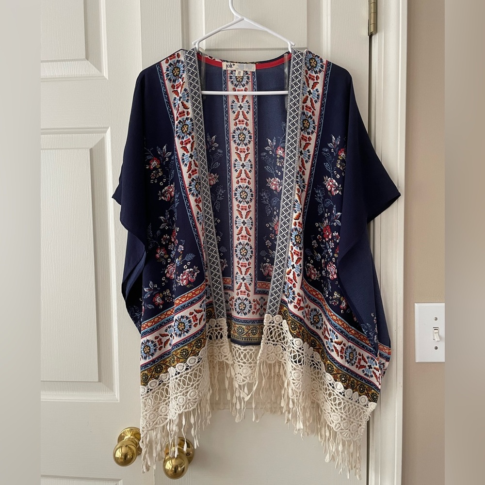 Jolt Oversized Boho Blue Floral and Tribal Patterned Crochet Fringe Open Kimono